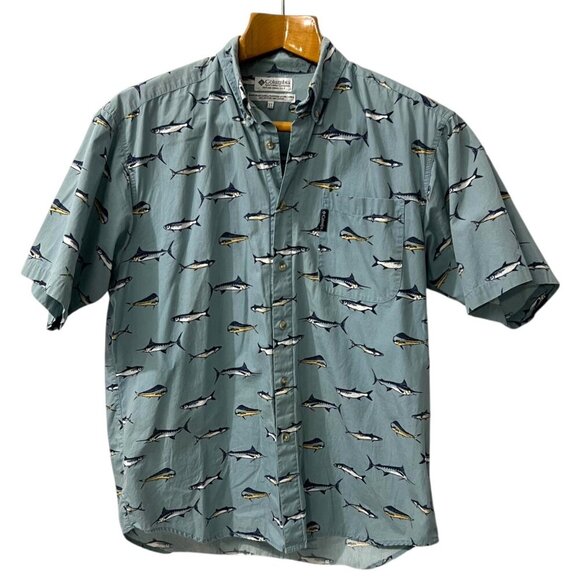 Columbia Men's Short Sleeve Button-Up Shirt With‎ Fish Print Light Blue XL - Picture 3 of 9